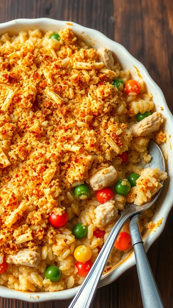 A golden brown chicken and rice casserole with crispy topping and colorful vegetables.